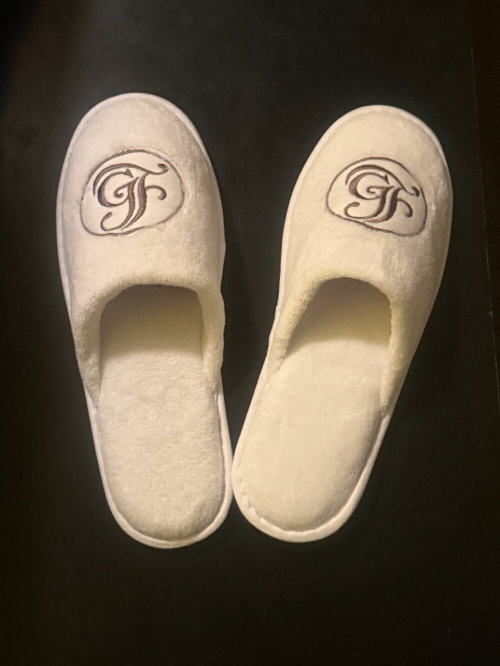 New White Terry Cloth Spa Hotel Slippers Monogram Letter F Plush Non Slip Unisex
